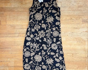 Vintage Silk Floral Print Dress Size Small 90s Black Sleeveless Midi Sundress