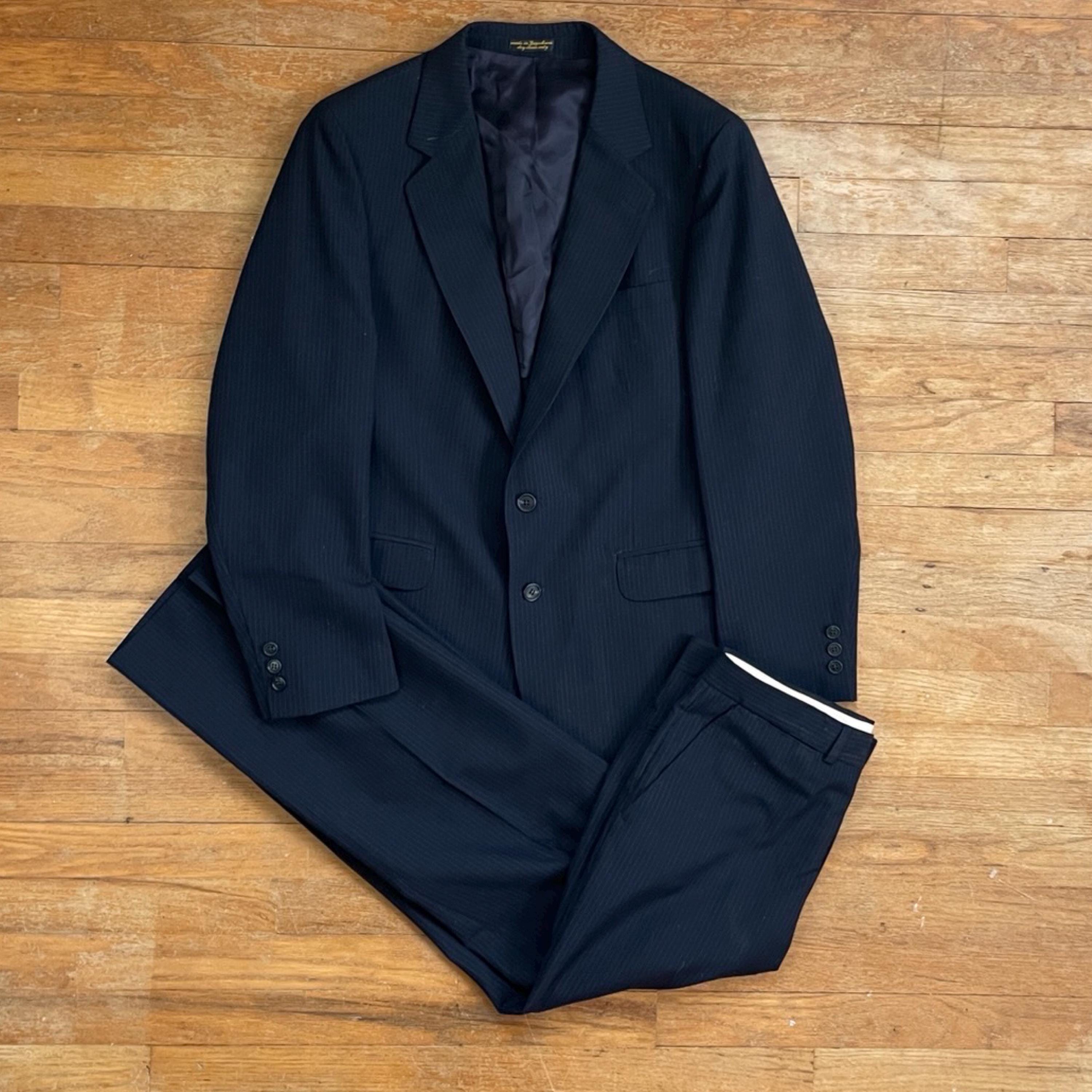 Vintage Mens Suit Set Size 40R Blazer 34x29 Pants 80s Navy Blue Pinstripe Jacket Pants
