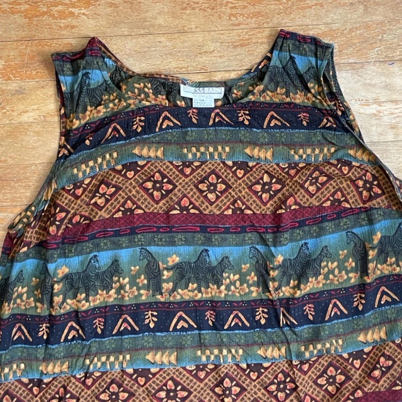 Vintage Tribal Zebra Print Dress Size 1X (18W) 1990s Rayon Sleeveless Maxi Tie Back Waist image 8