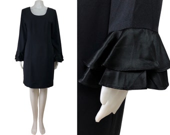 Vintage Black Cocktail Dress Size Medium | 90s Crepe Sheath with Ruffle Cuffs