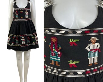 Vintage 1950s Mexican Embroidered Dress Womens Size XS | 50s Woven Cotton Mini Jumper Frock