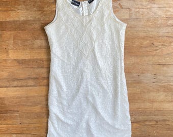 Vestido vintage de seda con cuentas, talla grande, años 80, color blanco roto, adornado con lentejuelas
