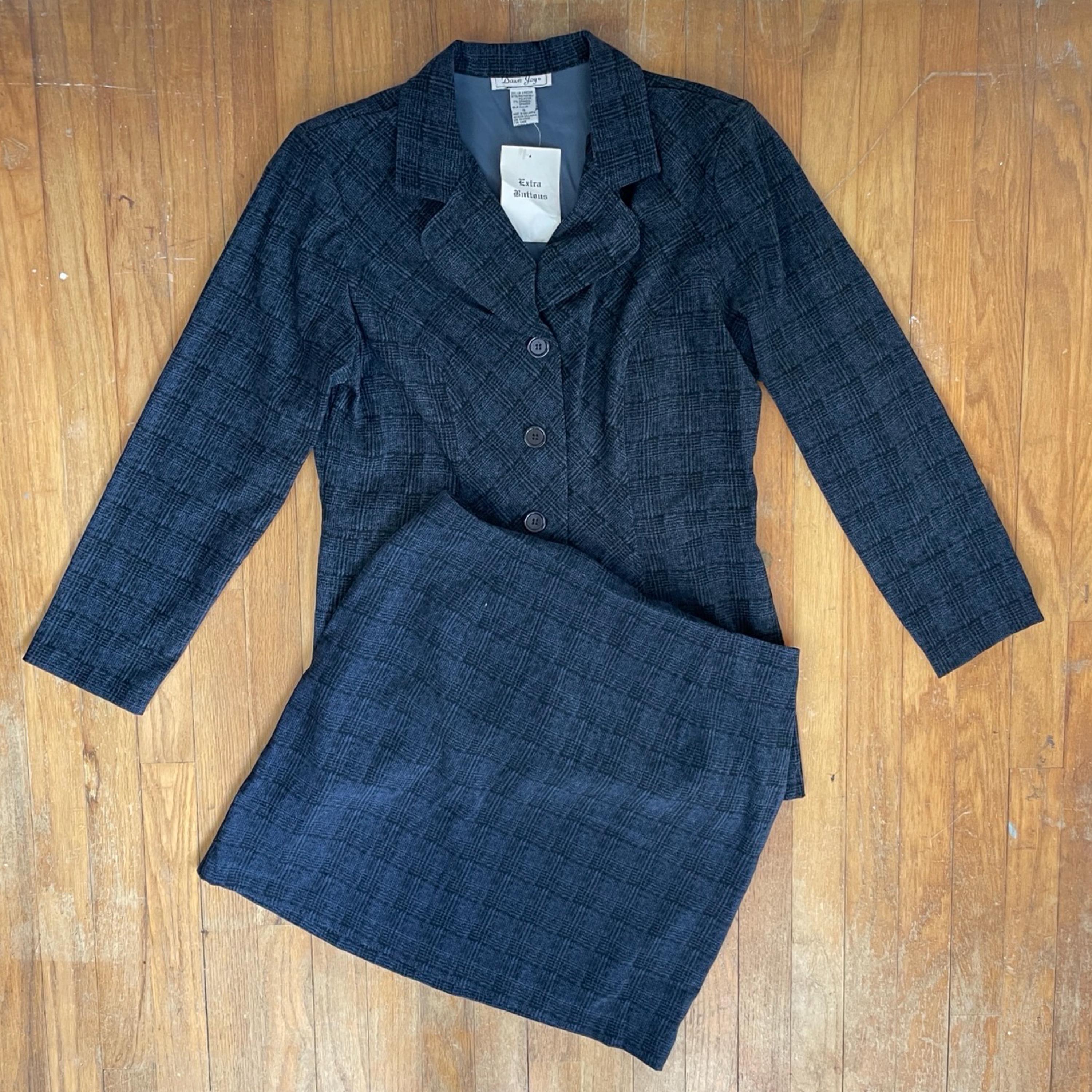 Vintage Plaid Suit Womens Size Large 1990s Blue/Black Microfiber Blazer & Skirt Set