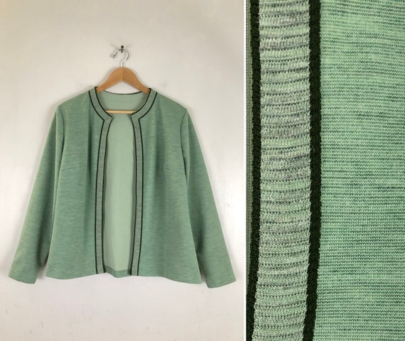 Vintage Poly Knit Jacket | 60s Handmade Green Lig… - image 1