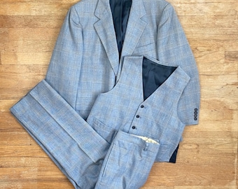 Vintage Mens 3 Piece Suit Set Size 42S 36x28 Pants 1960s Blue Plaid Wool Blend