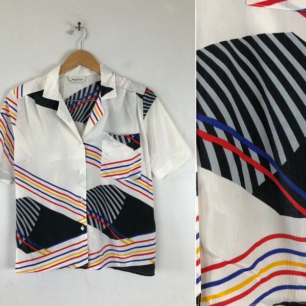 Vintage Abstract Print Top | 80s Striped Pattern Button Down Blouse | Womens Size Medium