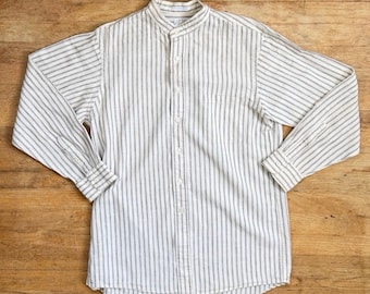 Vintage Mens Striped Mandarin Collar Shirt Size Medium (15.5 32/33) Linen/Cotton 90s Preppy Long Sleeve Button Down