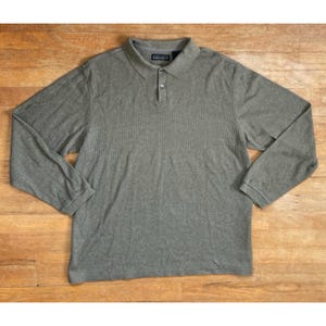 Vintage Mens Knit Polo Shirt Size Size XL/XXL 1990s Olive Green Ribbed Long Sleeve Collared image 1