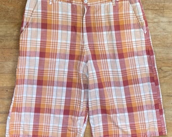 Vintage Mens Long Plaid Short Size 38 Waist 1990s Orange Tartan Cotton
