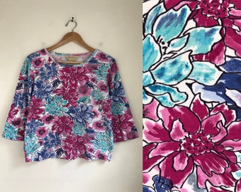 Vintage Cropped Floral Top | 90s Flower Print Fine Knit Cotton Wide Cut Shirt | Womens Size Medium