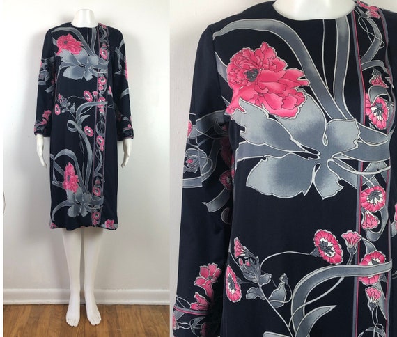 Vintage Floral Shift Dress | 70s Fine Poly Knit F… - image 1