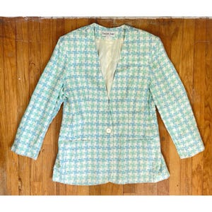 Vintage Woven Houndstooth Blazer Womens Size Large 1980s Blue/Teal/White Sport Coat Suit Jacket