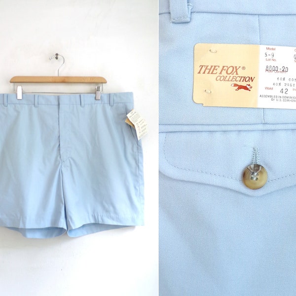 Vintage Mens Shorts 70s Light Blue Gabardine Canvas Cotton Blend Shorts Mens Size 42 Waist 6" Inseam