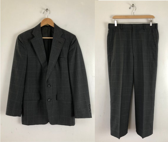 Vintage Mens Plaid Suit | 80s Charcoal Gray Wool S