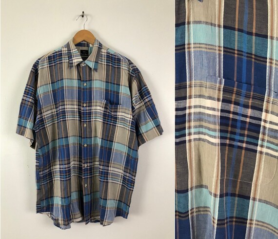 Vintage Mens Plaid Shirt | 70s Blue Tartan Cotton