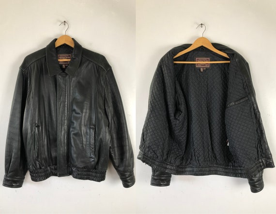 Vintage Mens Leather Bomber Jacket | 90s Soft Bla