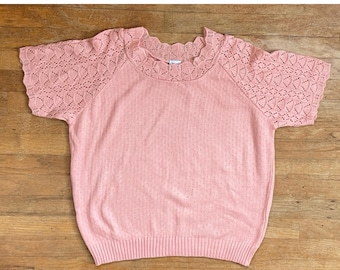 Vintage Knit Sweater Top Womens Size Large  90s Pastel Orange Eyelet Acrylic