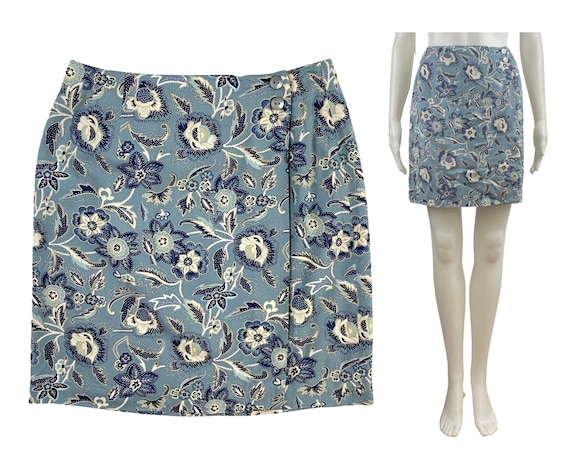 Vintage Mini Wrap Skirt | 90s Blue Floral Skirt |… - image 1