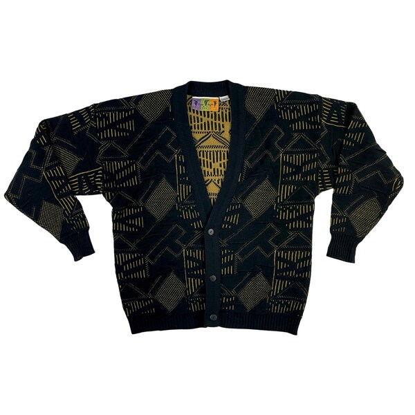 Vintage Mens Geometric Cardigan Size Large | 1980s Black Knit Acrylic V-Neck Sweater
