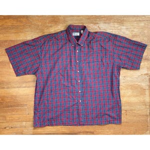 Vintage Mens Plaid Shirt Size 2XL/3XL 1970s Red Tartan Short Sleeve Button Down