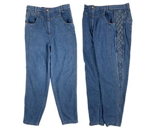 Vintage High Waist Jeans | 90s Braided Lattice Detail Light Wash Denim Jeans | Womens Size Medium | 29" Waist