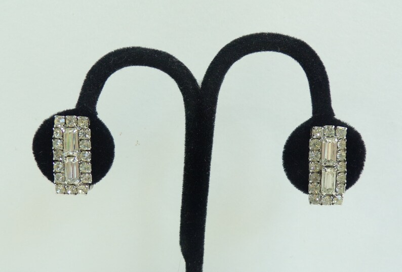 60s crystal rhinestone earrings 1960s mad men fancy evening earrings square minimalist clip on vintage earrings costume jewelry
