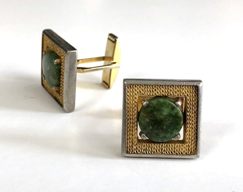 Gold /& Silver Tone Vintage Natural Stone Cuff Links 70s Marbled Green Stone Square Cufflinks