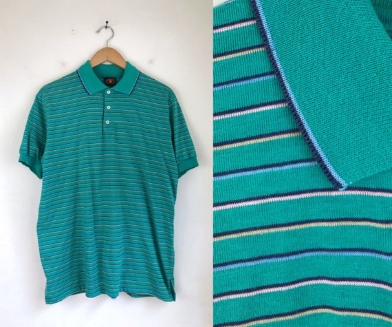 Vintage Mens Striped Polo Shirt | 70s Teal Fine K… - image 1