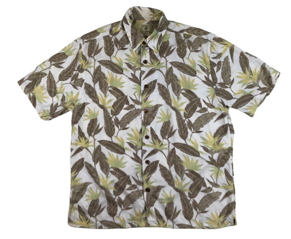 Vintage Mens Hawaiian Shirt | 90s Palm Leaf Print… - image 1