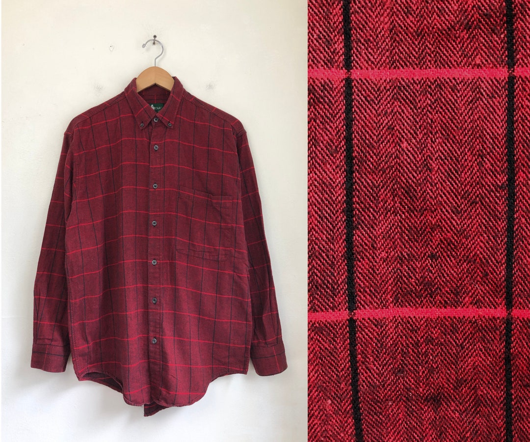 Vintage Mens Red Plaid Shirt 80s Herringbone Woven Cotton Etsy