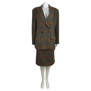 Vintage Tweed Wool Blend Suit Set Size Large 1980s Speckled Plaid Skirt & Jacket