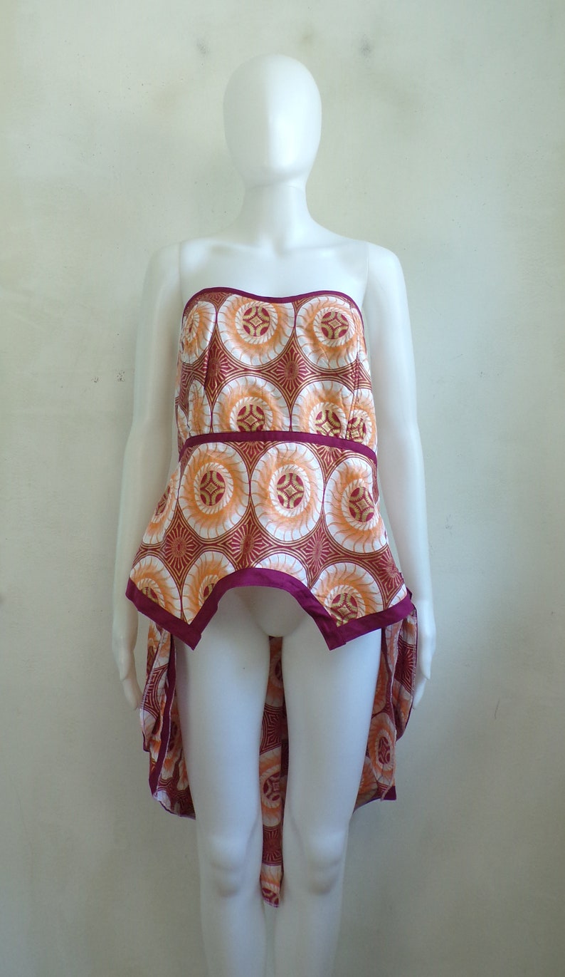 Vintage African Print Top 90s Handmade Tribal Pattern Cotton with Metallic Gold Strapless Mullet Top Womens Size Medium