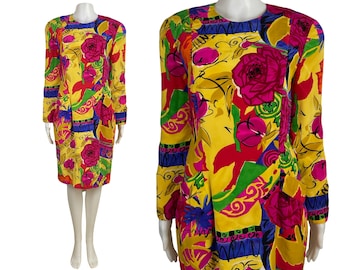 Vintage Colorful Silk Dress Womens Size Medium | 90s Abstract Mixed Print Frock with Pockets