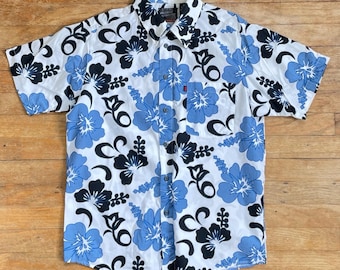 Vintage Mens Hawaiian Shirt Size Small 90s Hibiscus Floral Print Cotton Button Down