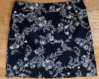 Vintage Floral Mini Skirt Size Large 31" Waist 90s Twill Cotton Skirt Black