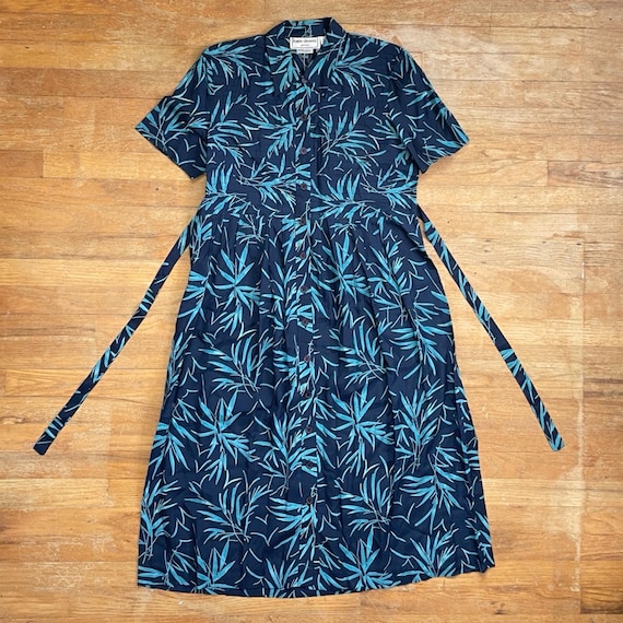 Vintage Palm Leaf Dress Size Large 1980s Blue Floral Rayon Midi Shirtdress Vintage Palm Leaf Dress Size Large 1980s Blue Floral Rayon Midi Shirtdress