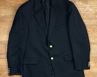 Vintage Schwarzer Wollblazer Größe 42R 1990s Gold Knöpfe Twill Sport Mantel Jacke