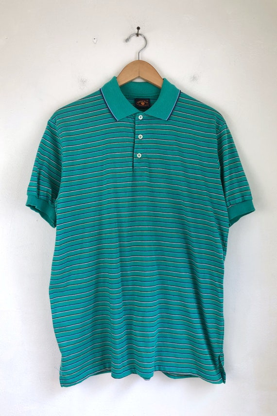 Vintage Mens Striped Polo Shirt | 70s Teal Fine K… - image 2