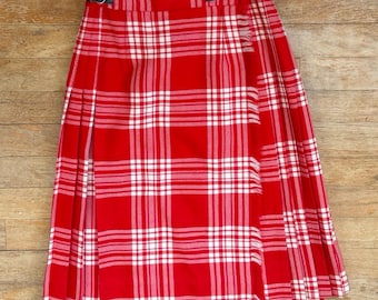 Vintage Pleated Wool Kilt Skirt Size XS 23-25" Waist 70s Red Tartan Plaid Fringe