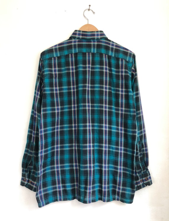 Vintage Mens Plaid Shirt | 70s Teal Tartan Button… - image 5