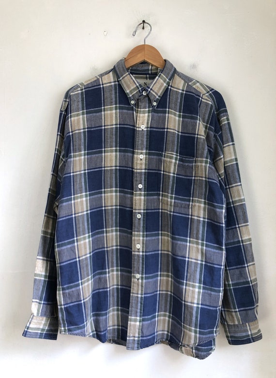 Vintage Mens Plaid Shirt | 90s Linen & Cotton But… - image 2