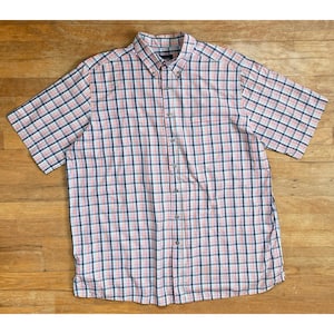 Vintage Mens Plaid Shirt Size XL Tall 1990s Colorful Tartan Poplin Short Sleeve Collared