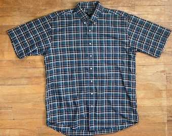 Vintage Mens Plaid Shirt Size Large Tall 1990s Teal Blue Tartan Poplin Collared Button Down