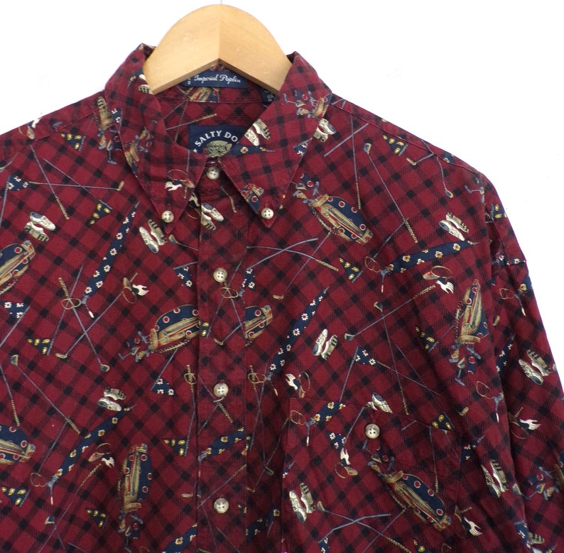 Vintage Mens Golf Shirt Size Large 1990s Plaid Cotton Poplin Novelty Golfing Print Button Down image 5