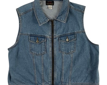 Vintage Denim Vest Womens Size XL | 90s Zip Up Sleeveless Cropped Jean Waistcoat