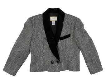 Vintage Cropped Herringbone Tweed Blazer Womens Size Medium | 90s Double Breasted Black & White Velvet Collar Jacket