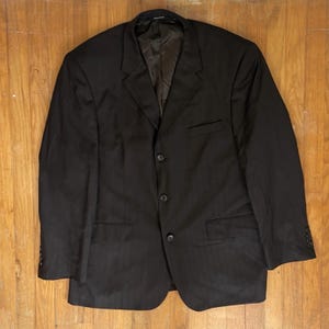 Vintage Mens Striped Dark Brown Blazer Size 46R 1990s Fine Wool Sport Coat Suit Jacket