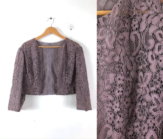 Vintage Purple Lace Bolero Jacket | 80s Guipure Fl