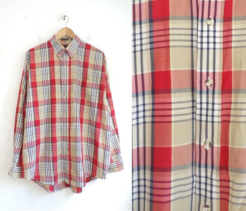 Vintage Mens Plaid Shirt 90s Red Tartan Poplin Long Sleeve Collared Button Down Dress Shirt Size XL Tall