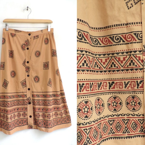 Vintage Southwestern Print Skirt | 70s Handmade Tribal Pattern Microfiber Button Down Skirt | Womens Size Medium | 29" Waist